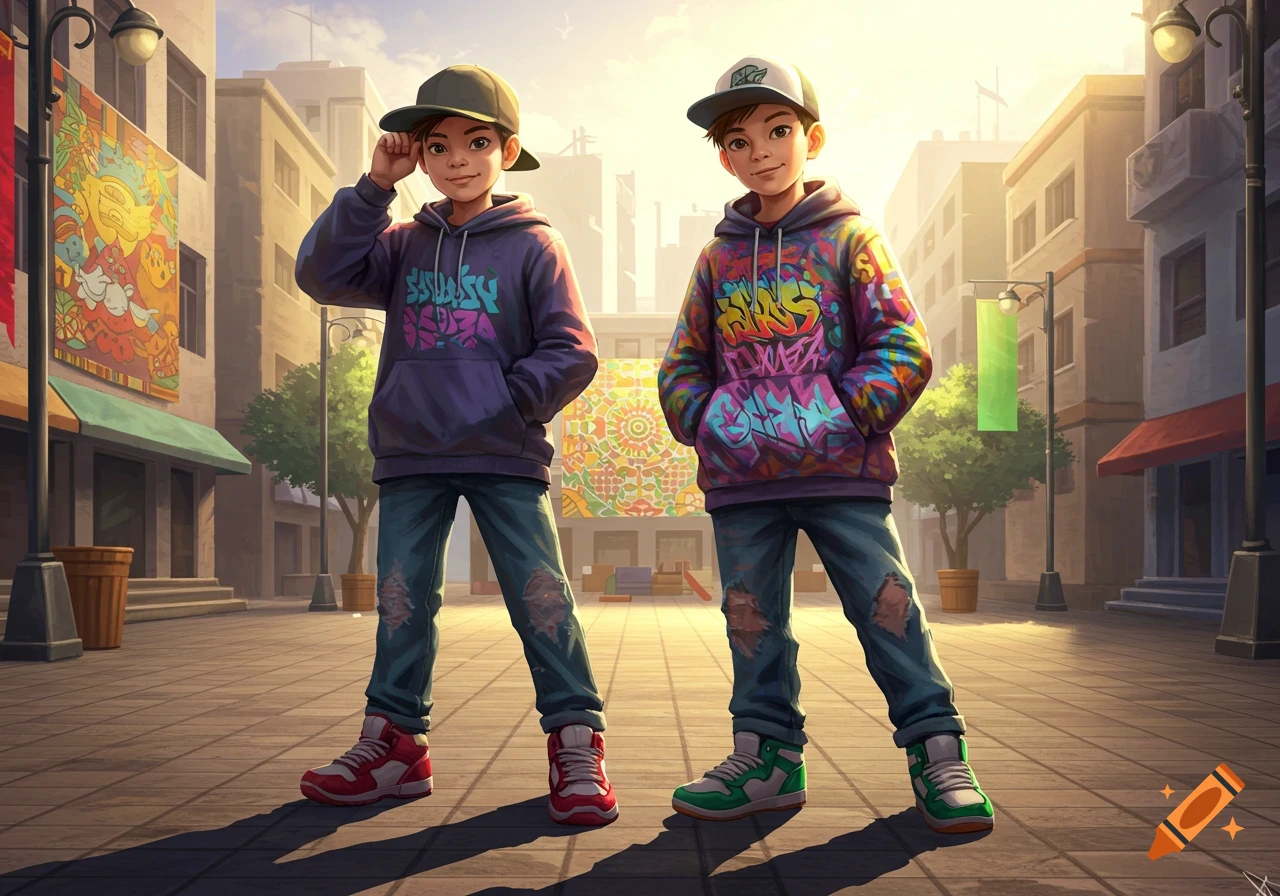 Two young boys in colorful streetwear hoodies and ripped jeans stand in an urban plaza with graffiti art, in a cartoon style.