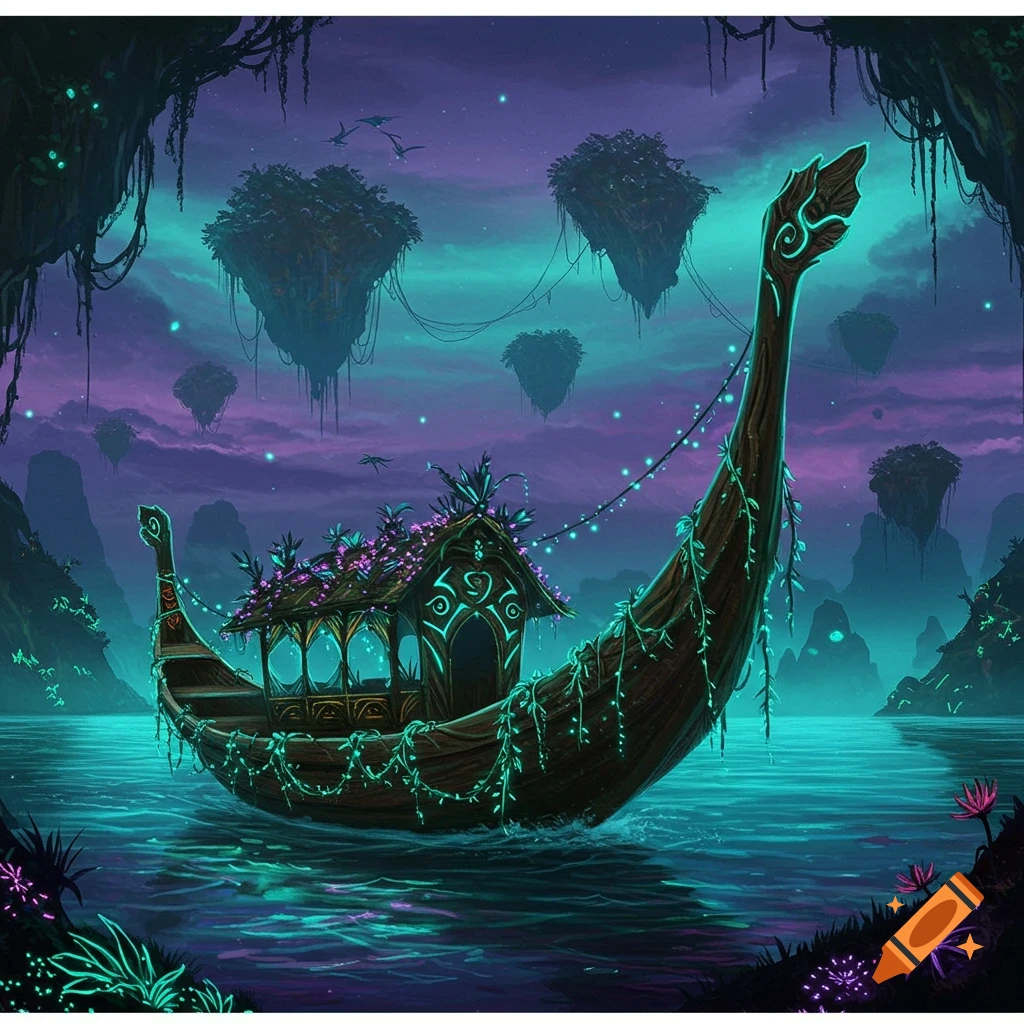 A fantasy boat with a small house, glowing green and purple, floats on turquoise water under a purple-blue sky with floating islands.