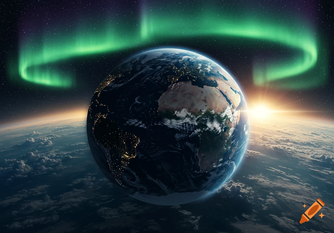 Photorealistic Earth from space showing continents, city lights, a vibrant green aurora, and a sun rising on the horizon.
