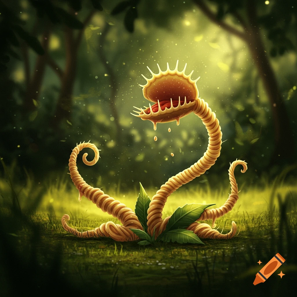 A whimsical Venus flytrap made of twisted noodles stands in a lush, magical forest clearing, its mouth open and dripping.