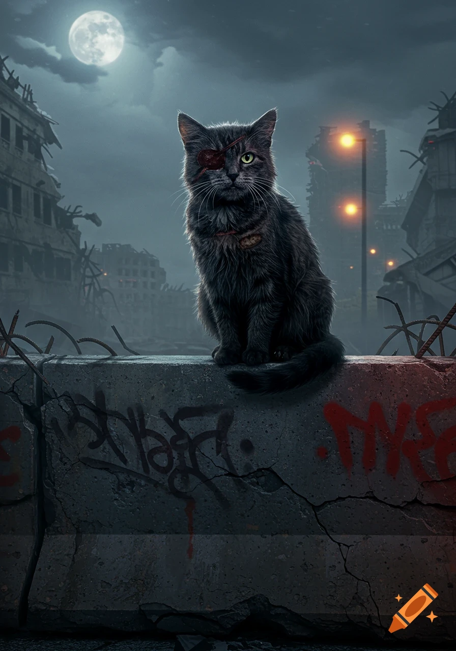 A one-eyed black cat with an eyepatch sits on a graffiti-covered concrete barrier in a dark, moonlit apocalyptic city.