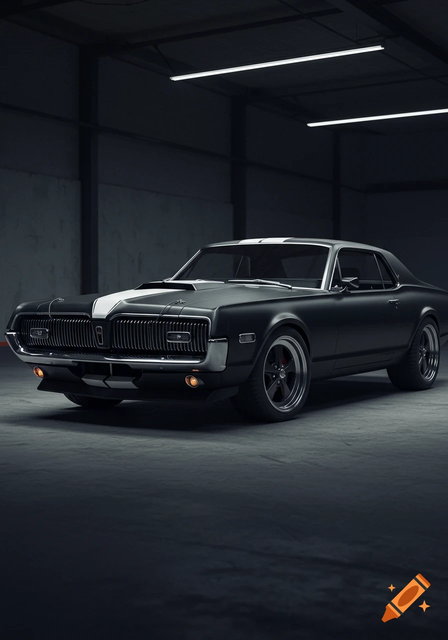 A flat black 1968 Mercury Cougar with white racing stripes and a hood scoop in a dark garage.