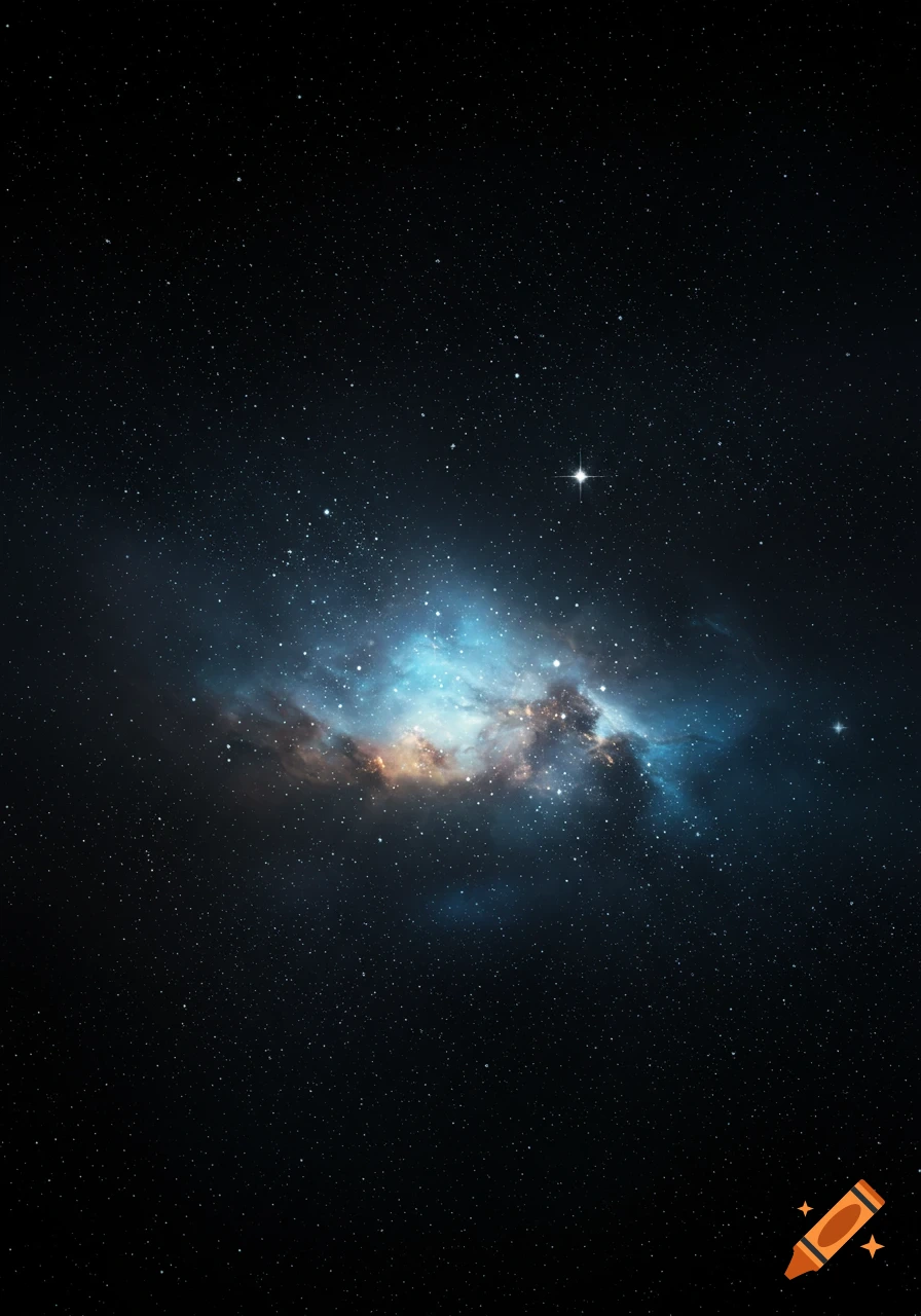 A vibrant blue and orange nebula with many stars against a dark background of space.