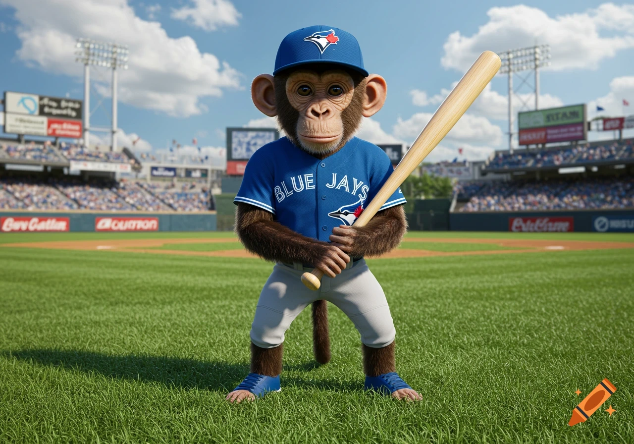 A photorealistic monkey in a blue baseball uniform and cap holds a bat on a baseball field.