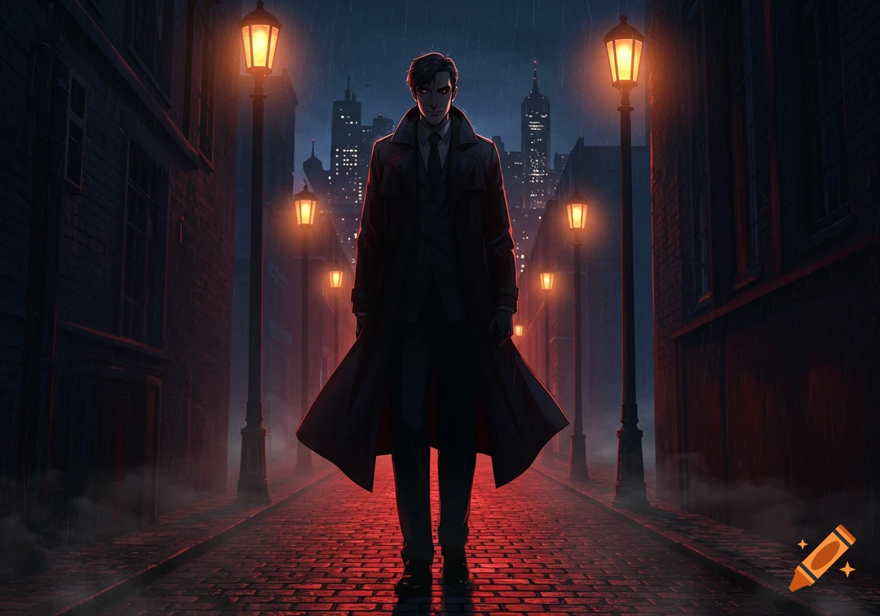 Anime-style man in a trench coat stands in a dark, rainy, red-lit neo-noir alley with streetlights and city buildings.