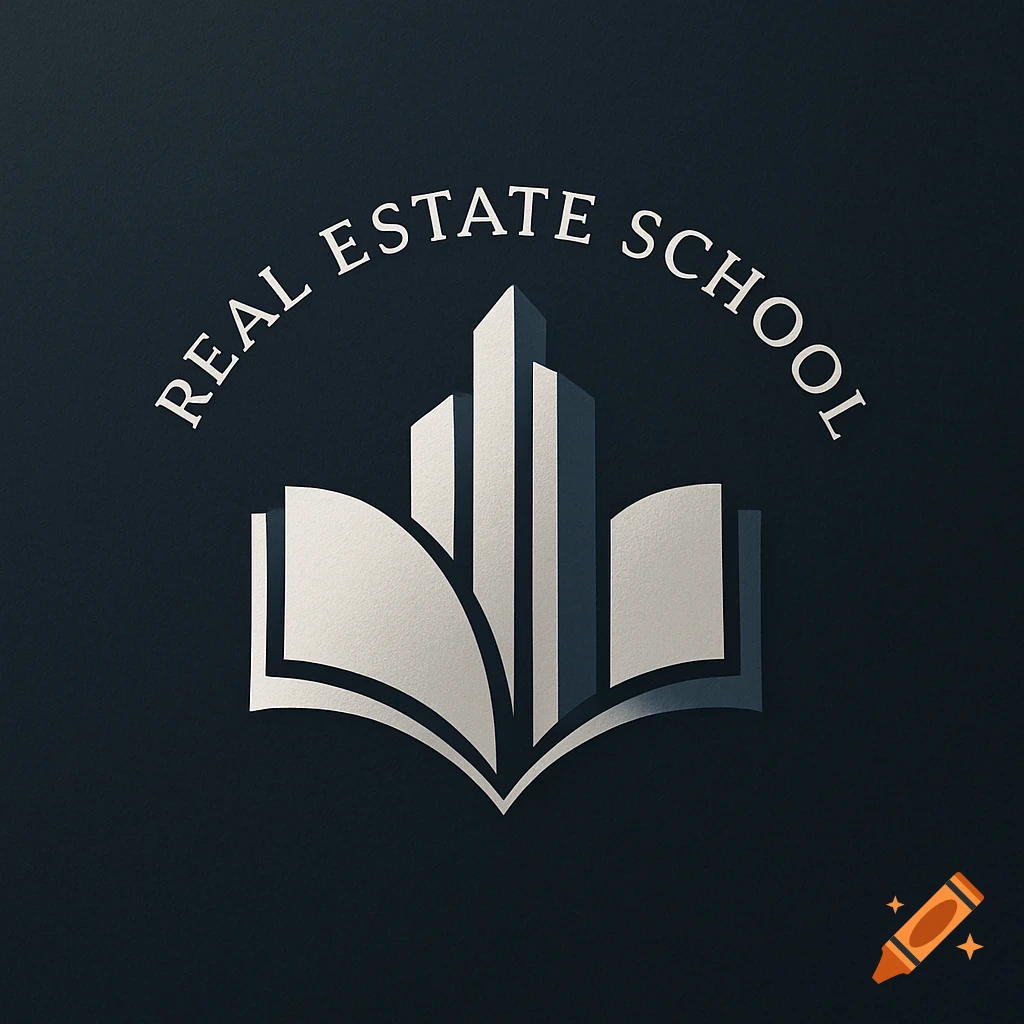 A silver and dark blue logo features abstract skyscrapers within an open book, with "REAL ESTATE SCHOOL" curved above on a dark textured background.