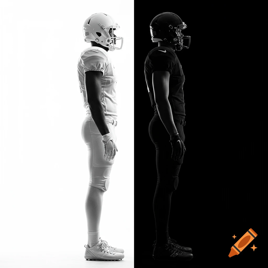A monochromatic side-by-side shot of two American football players, one in white uniform on a white background, the other in black on a black background.