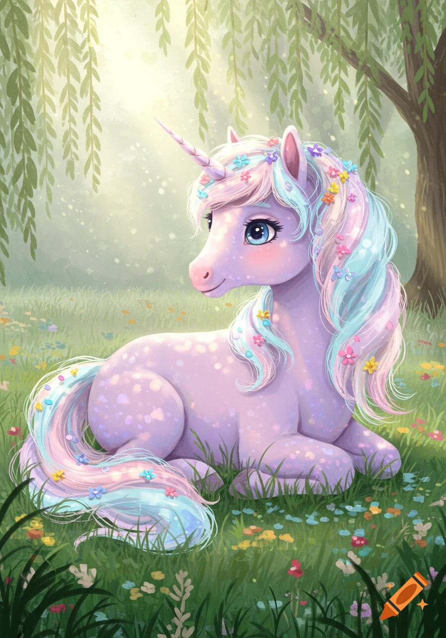 A cute, light purple unicorn with a rainbow mane and tail adorned with flowers lies in a sunny, green meadow with wildflowers.