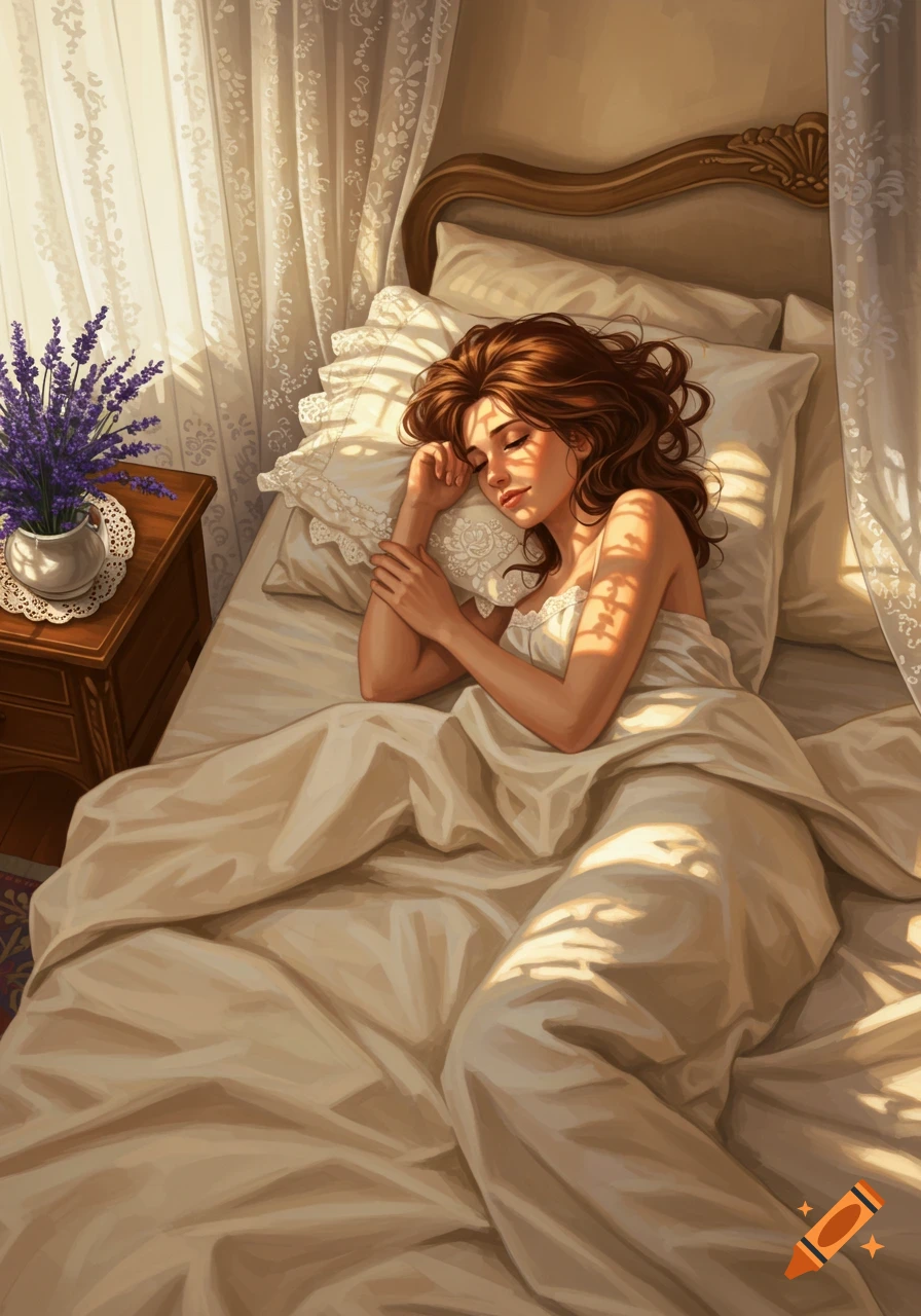 An illustrated young woman with brown hair sleeping peacefully in a sunlit bed next to a nightstand with lavender.