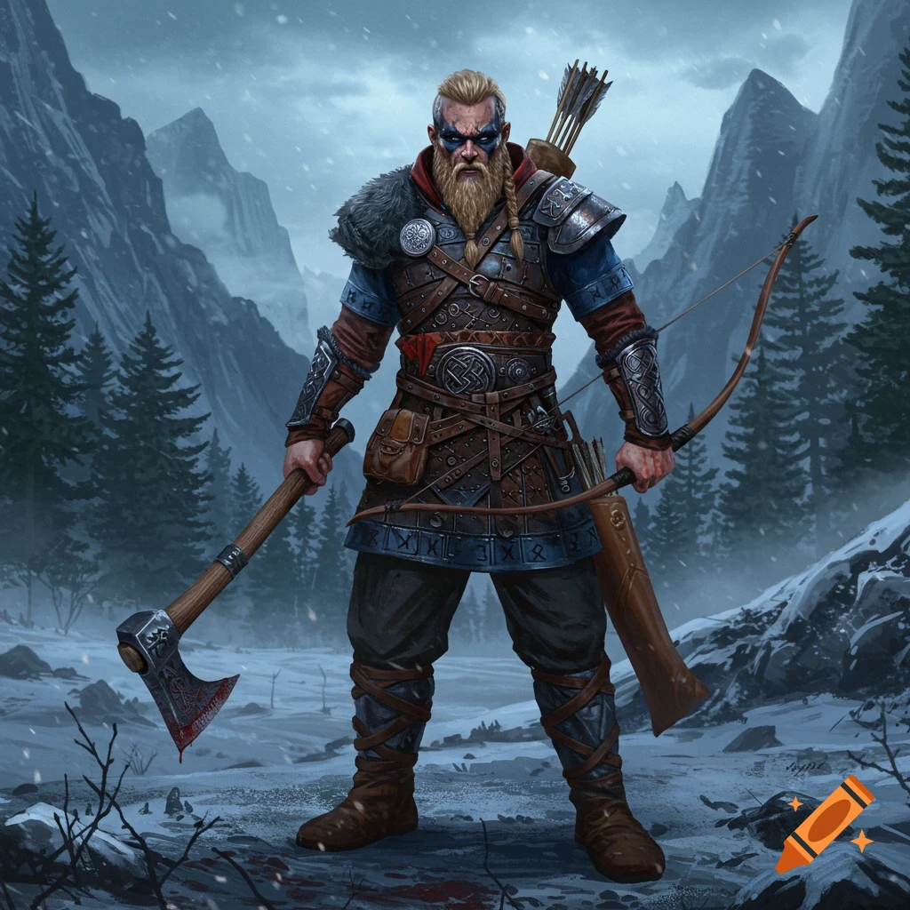 A fierce Viking warrior with a braided beard and blue face paint stands in a snowy mountain landscape, holding a bloody axe and a bow.