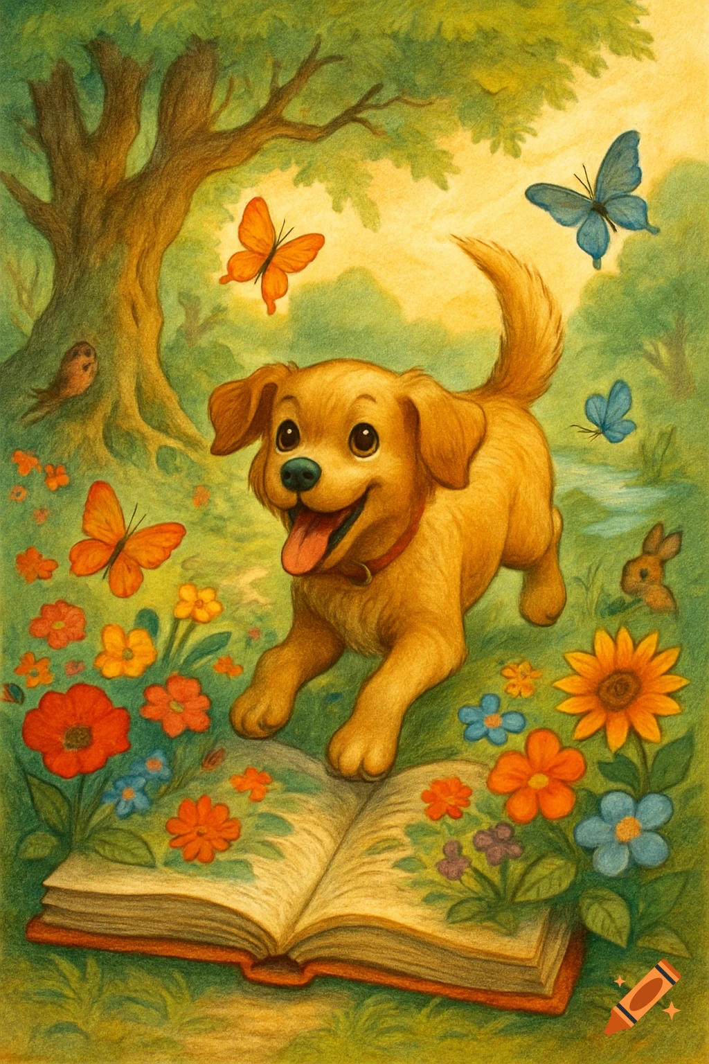 A happy golden puppy with its tongue out, lying on an open book surrounded by colorful flowers and butterflies in a lush, green forest, in an illustration style.