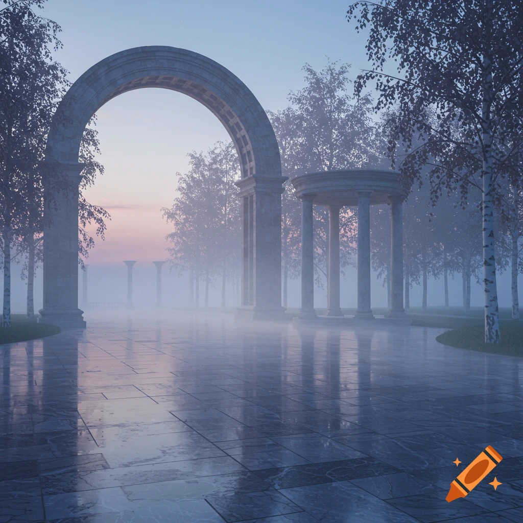 A misty, ethereal landscape with a large stone archway, a circular columned pavilion, and bare trees at dusk.