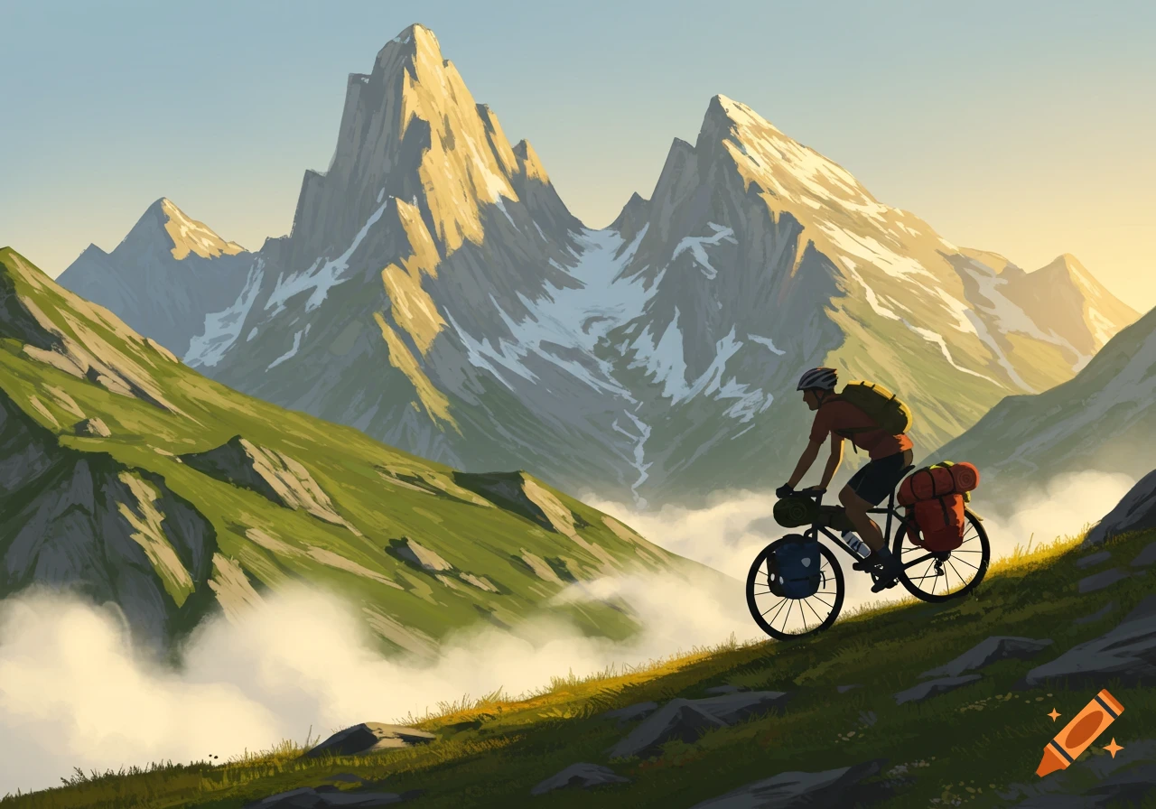 Illustrative view of a person on a fully loaded bike climbing a grassy mountain above clouds, with large sunlit peaks in the background.