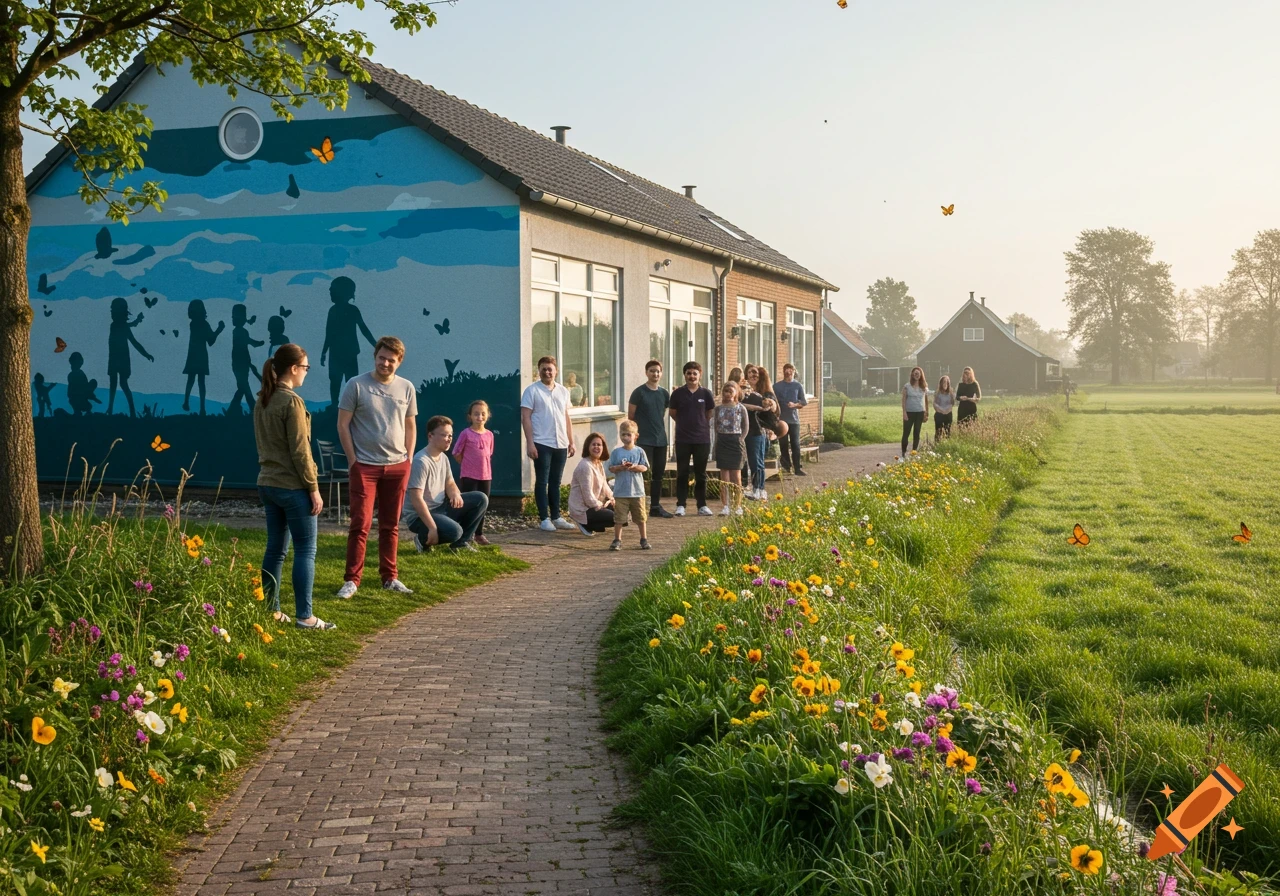 A group of people, including adults and children, gather outside a house with a blue mural depicting silhouettes, next to a path winding through a field of wildflowers.
