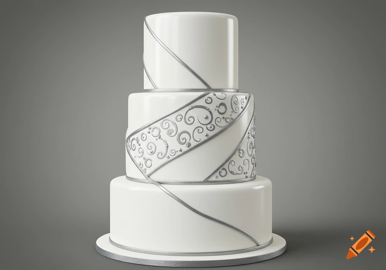 A three-tiered white wedding cake with intricate silver swirling designs and small silver beads on a gray background.