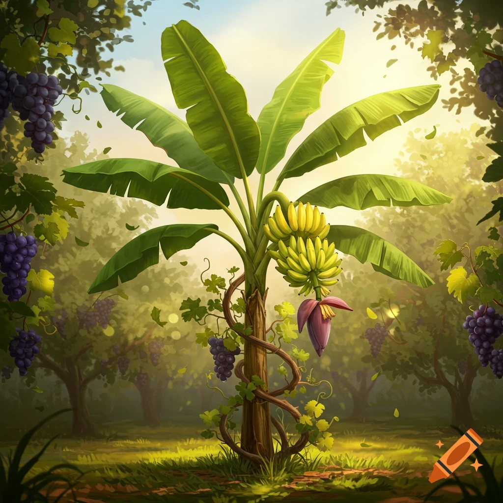 A banana tree with ripe bananas and a flower, entwined with grapevines bearing purple grapes in a sunny orchard.