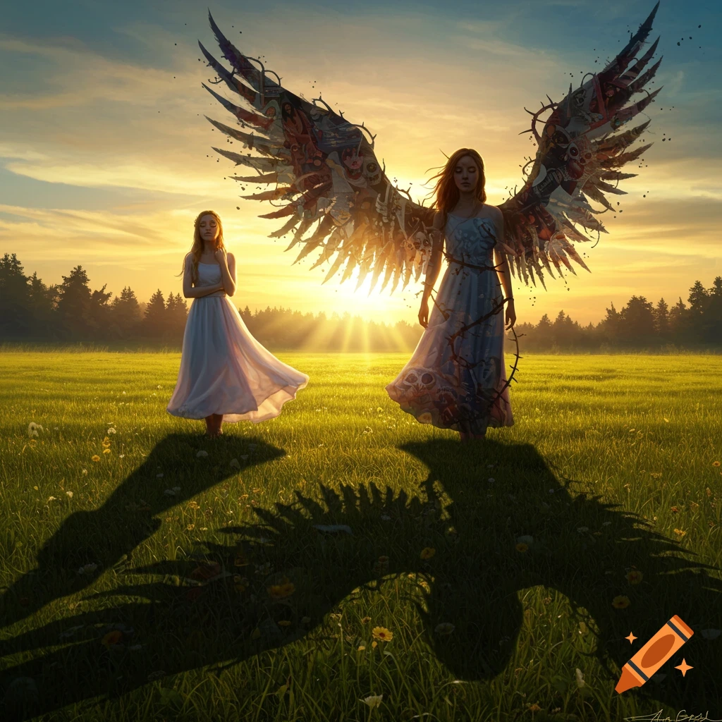 Two women in a sunny green field at sunset, one with large dark wings, casting a monstrous shadow.
