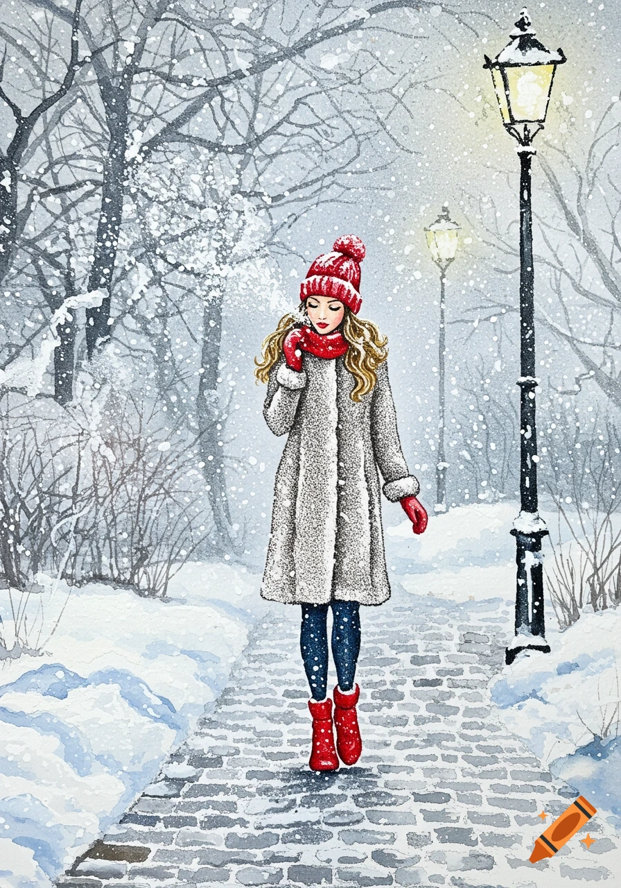 A stippling watercolor illustration of a woman in a gray coat, red hat, scarf, gloves, and boots walking on a snowy cobblestone path.