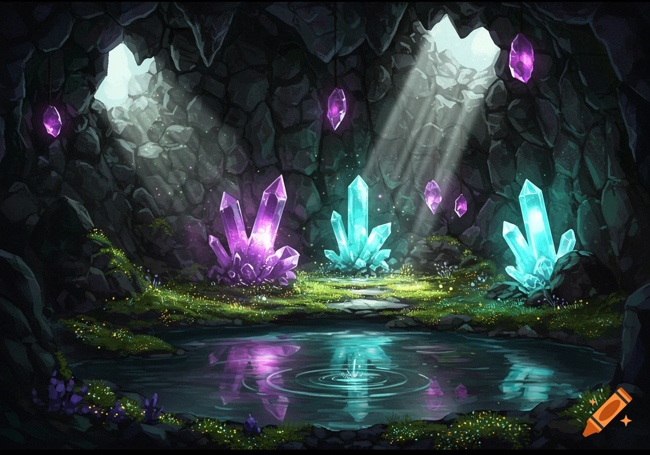 A magical cave with glowing purple and blue crystals, green moss, and a reflective pond, illuminated by light rays from above.