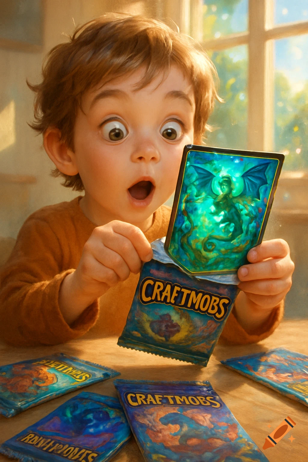 A wide-eyed child opens a 'CRAFTMOBS' booster pack, revealing a glowing rare card with a green dragon creature. Other packs are on the table.