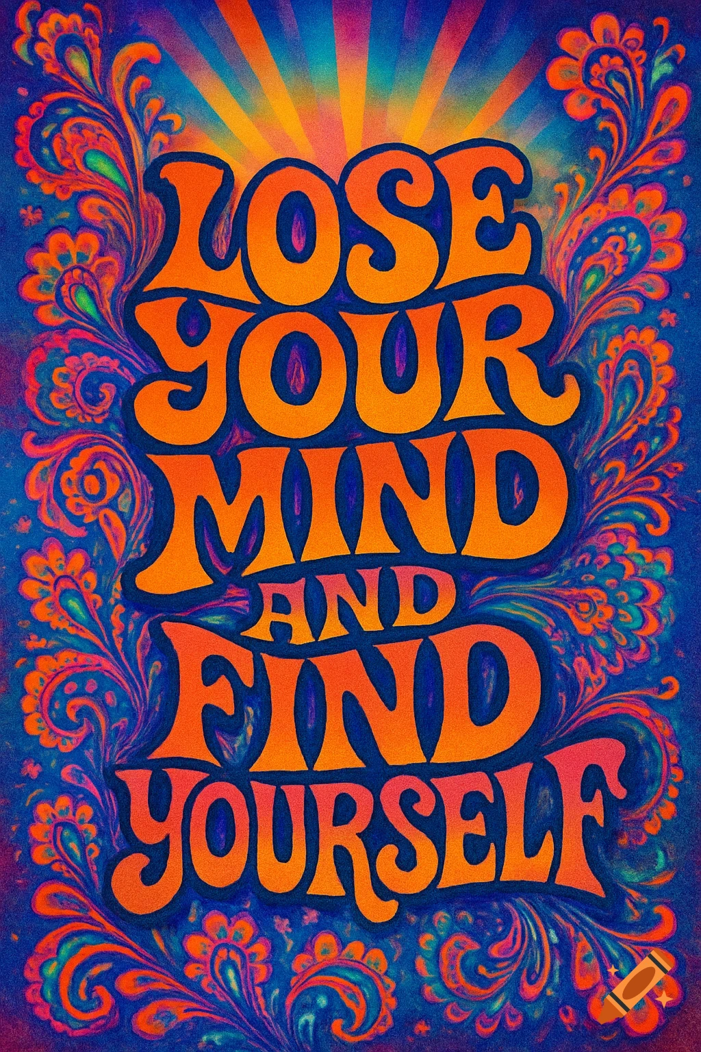 A vibrant psychedelic poster with orange text 'Lose your mind and find yourself' on a blue background with colorful floral patterns.