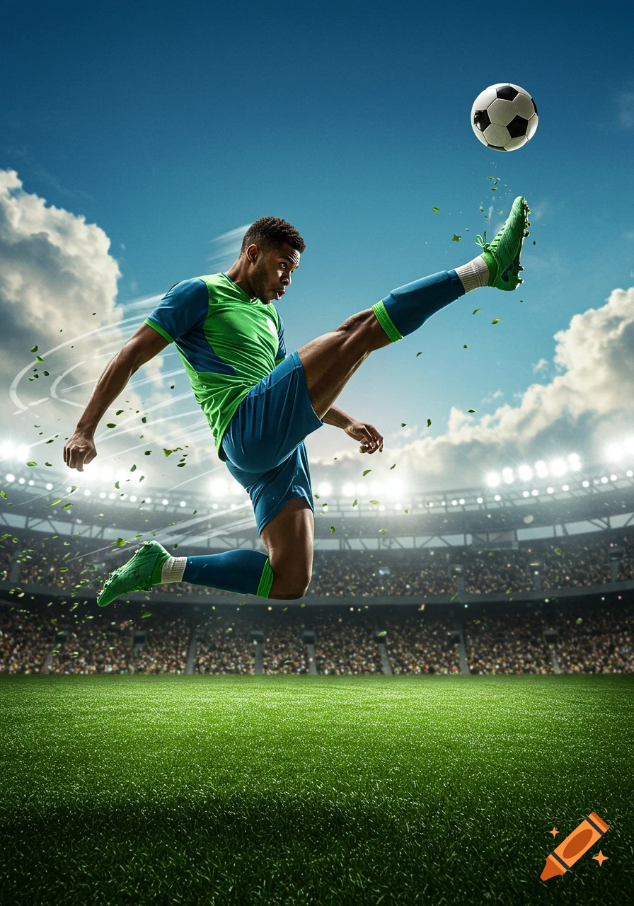 Photorealistic shot of a male soccer player in a green and blue uniform mid-air, kicking a football in a brightly lit stadium.