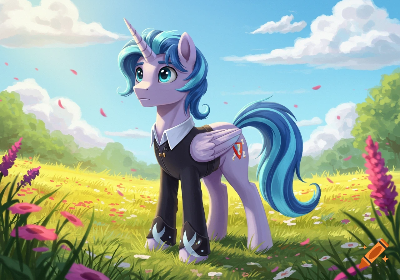 A cartoon male unicorn pony with blue hair and a black suit stands in a vibrant green and yellow field under a blue sky.