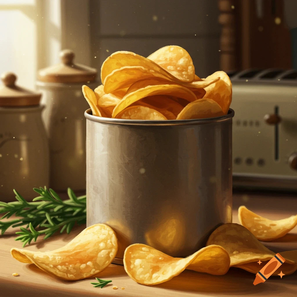 Potato chips overflowing from a metal can, with several chips and rosemary scattered on a kitchen counter in warm light.
