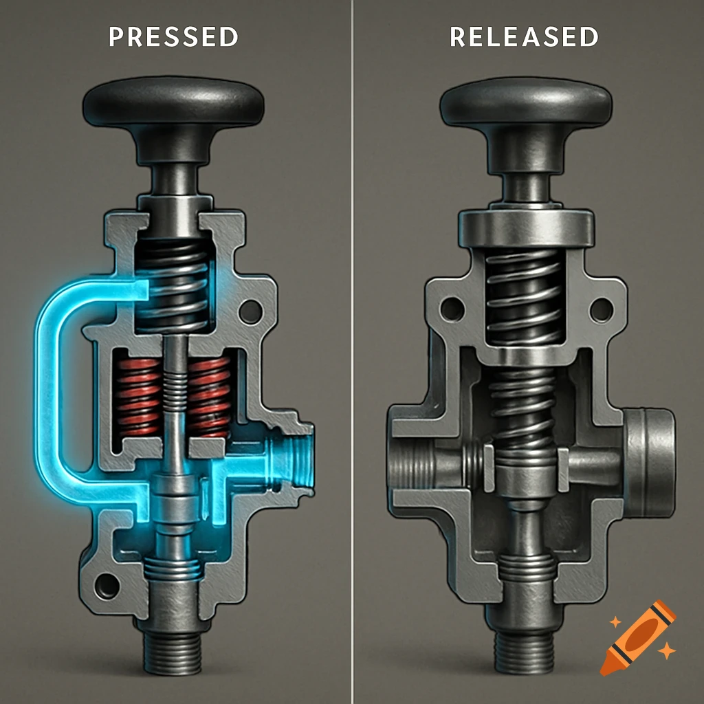 Cross-section diagram of a brake valve, showing the 'PRESSED' state with blue fluid flow and the 'RELEASED' state.