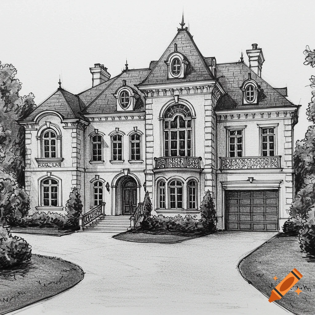 A detailed charcoal pen drawing of a grand, multi-story mansion with a large garage and a circular driveway.
