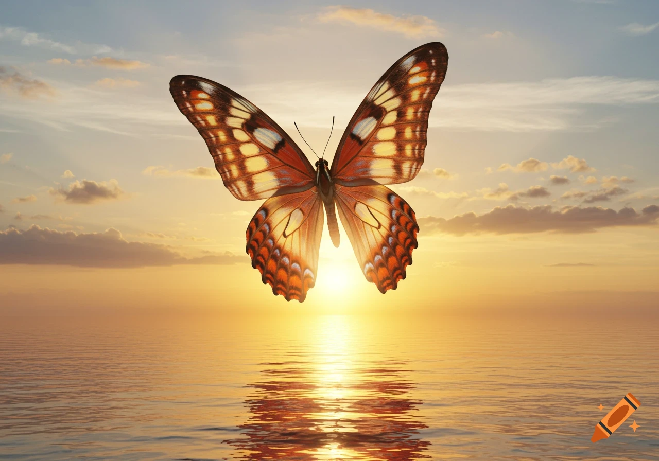 A large realistic butterfly with orange and black wings flies over the sea during a golden sunrise.