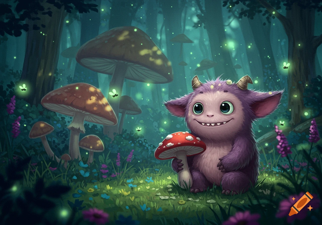 A cute purple furry monster with horns and big eyes sits in a glowing forest, holding a red mushroom.