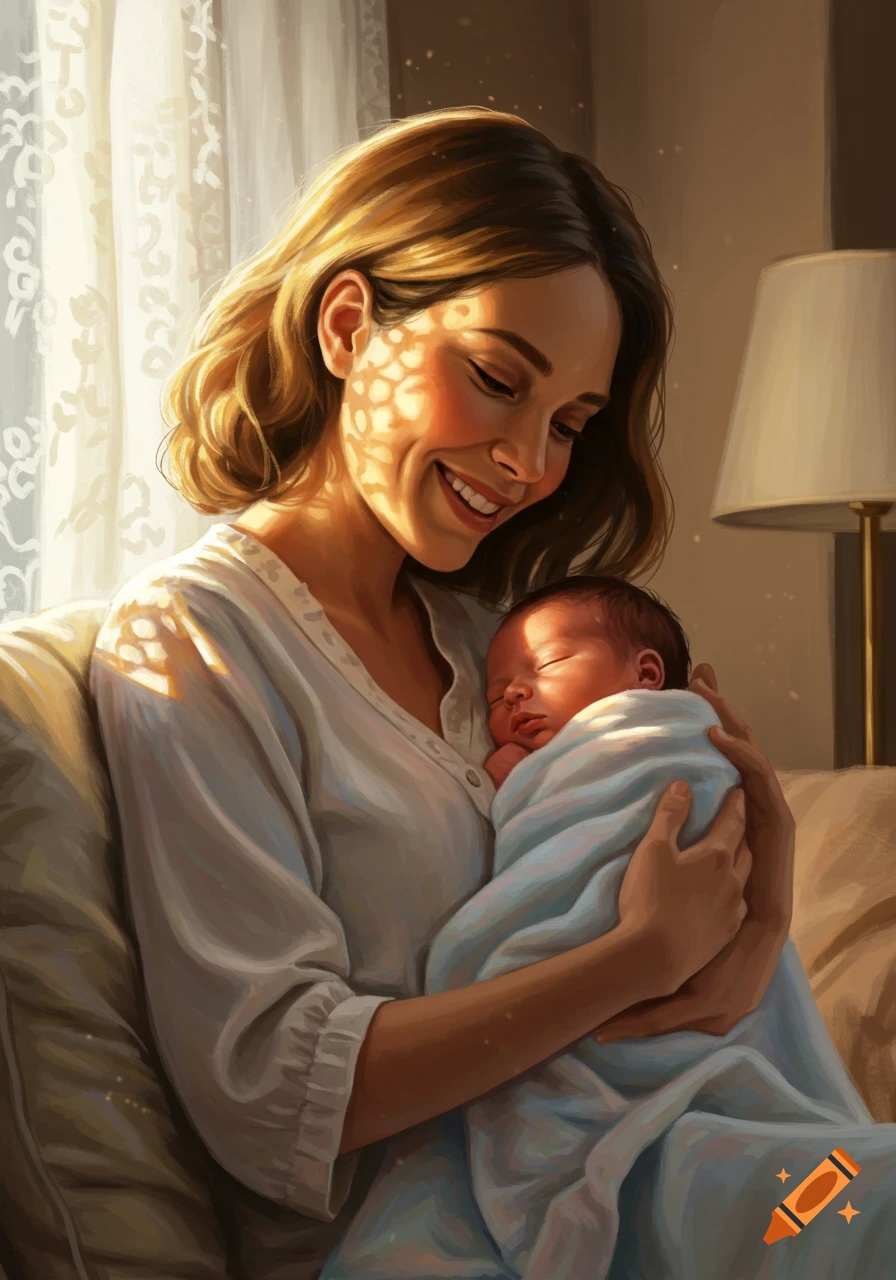 A happy mother smiles warmly, holding her sleeping newborn baby wrapped in a blue blanket, bathed in dappled sunlight.
