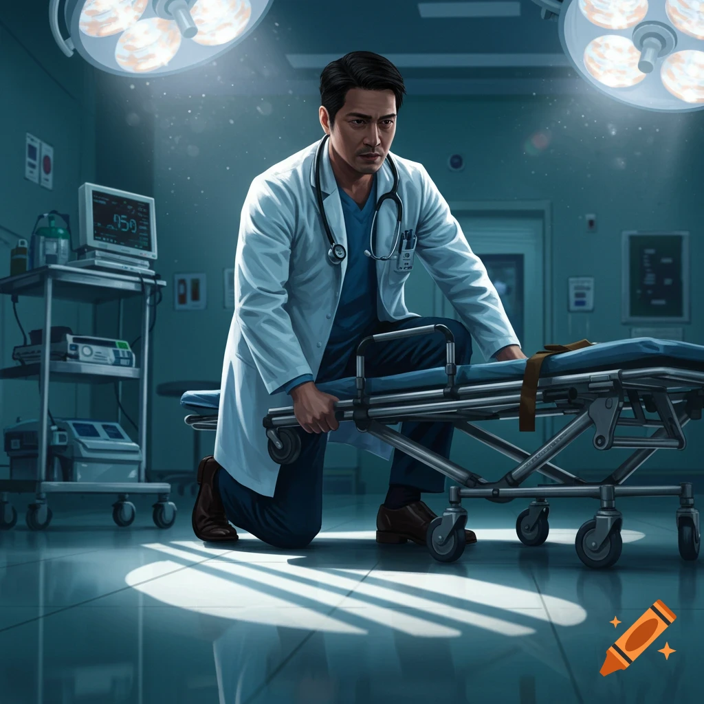 A determined doctor in a white lab coat kneels, pushing a medical stretcher in a brightly lit operating room.