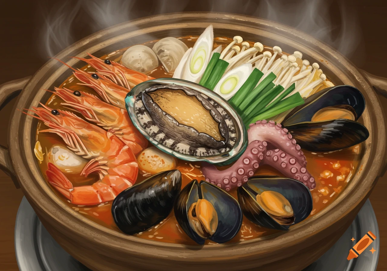 Vibrant illustration of a steaming Korean seafood hot pot with abalone, shrimp, mussels, octopus, mushrooms, and green onions.