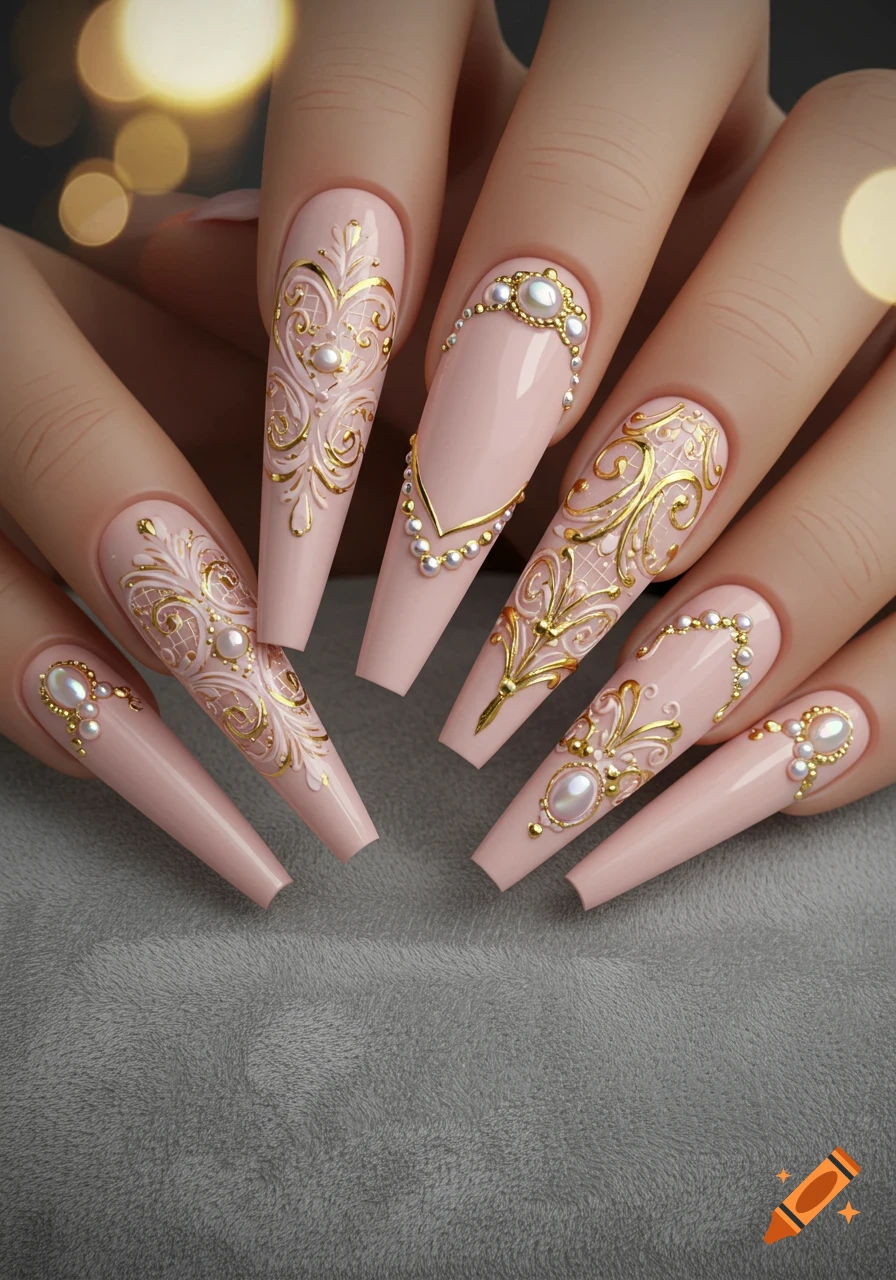 Close-up of hands with long, light pink coffin nails, adorned with intricate gold filigree, pearls, and gold beads.
