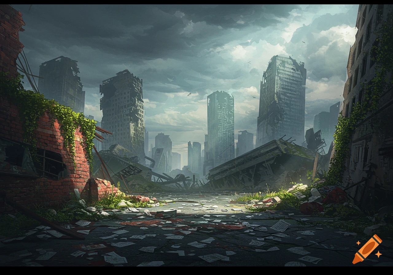 A desolate post-apocalyptic cityscape featuring ruined, collapsed buildings, rubble, and overgrown vegetation under a dark, cloudy sky.