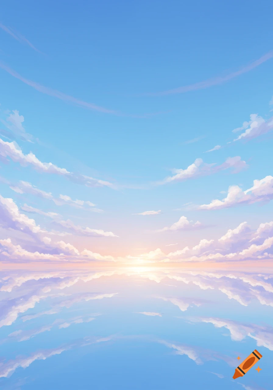 A serene blue sky with fluffy white and purple clouds reflected on calm water, with a bright sun on the horizon.