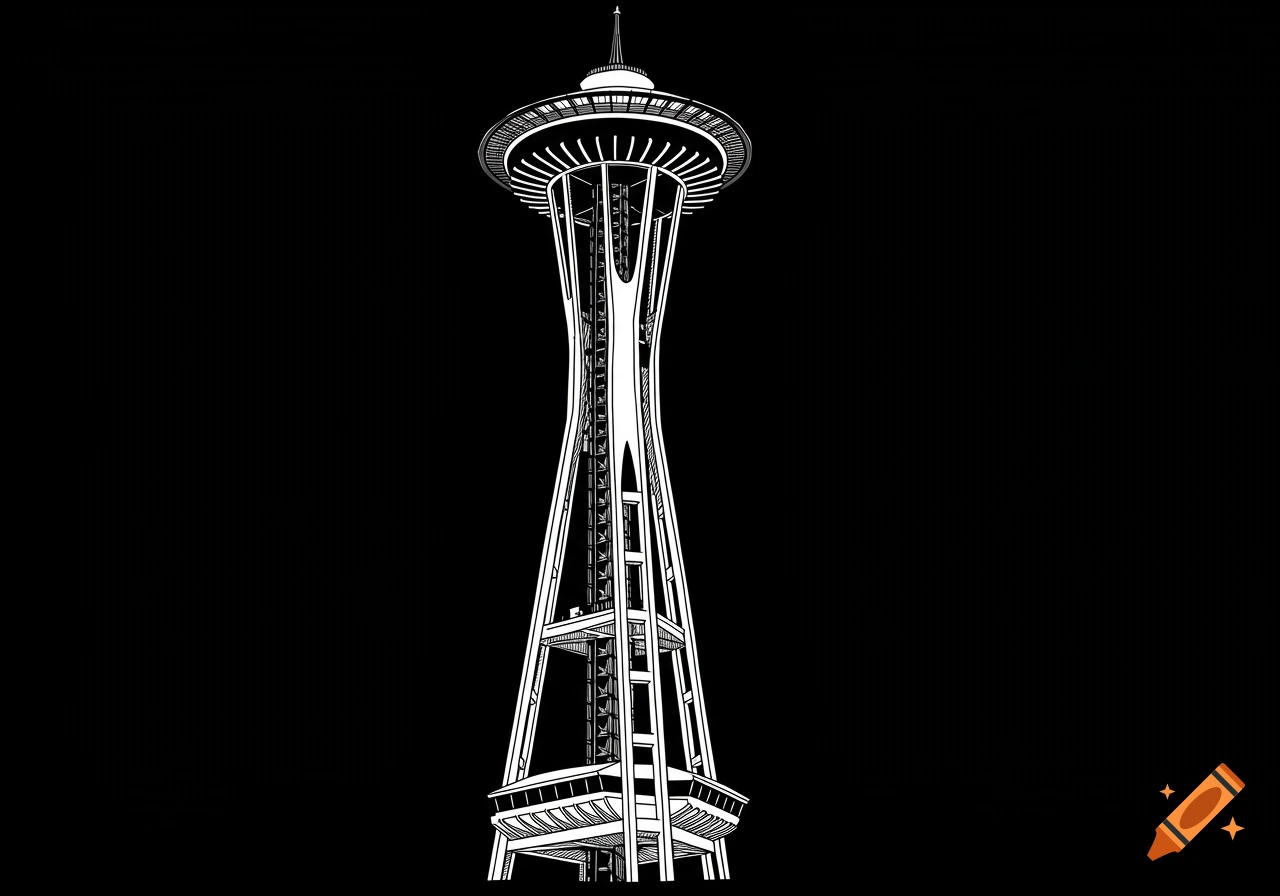 Black and white line art illustration of the Seattle Space Needle on a dark background.