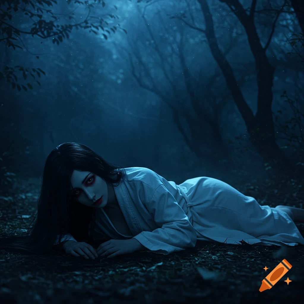 A ghostly woman with long black hair and glowing red eyes, wearing a white robe, lies on a dark forest floor.