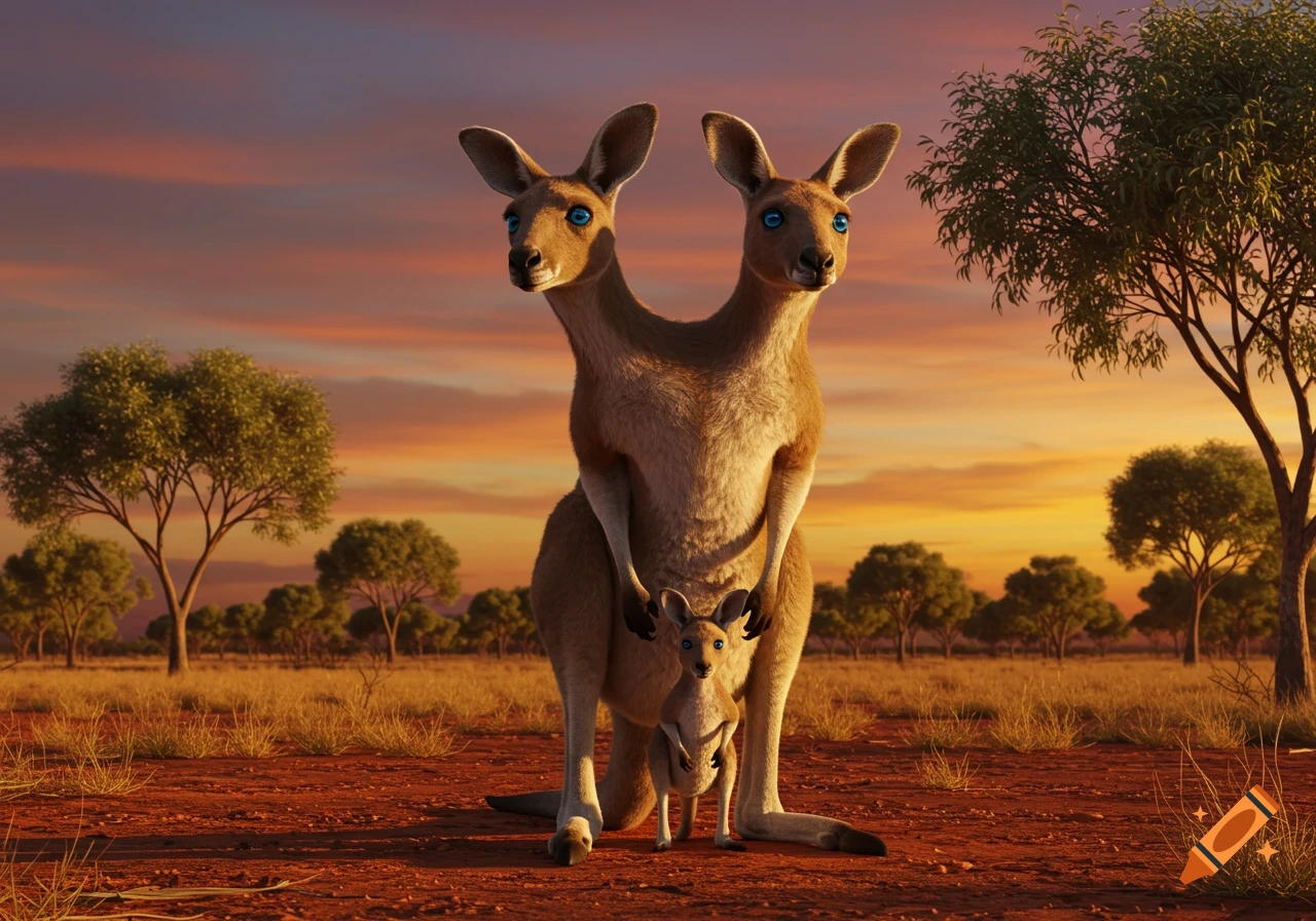 A two-headed kangaroo stands with a joey at its feet in an arid ...