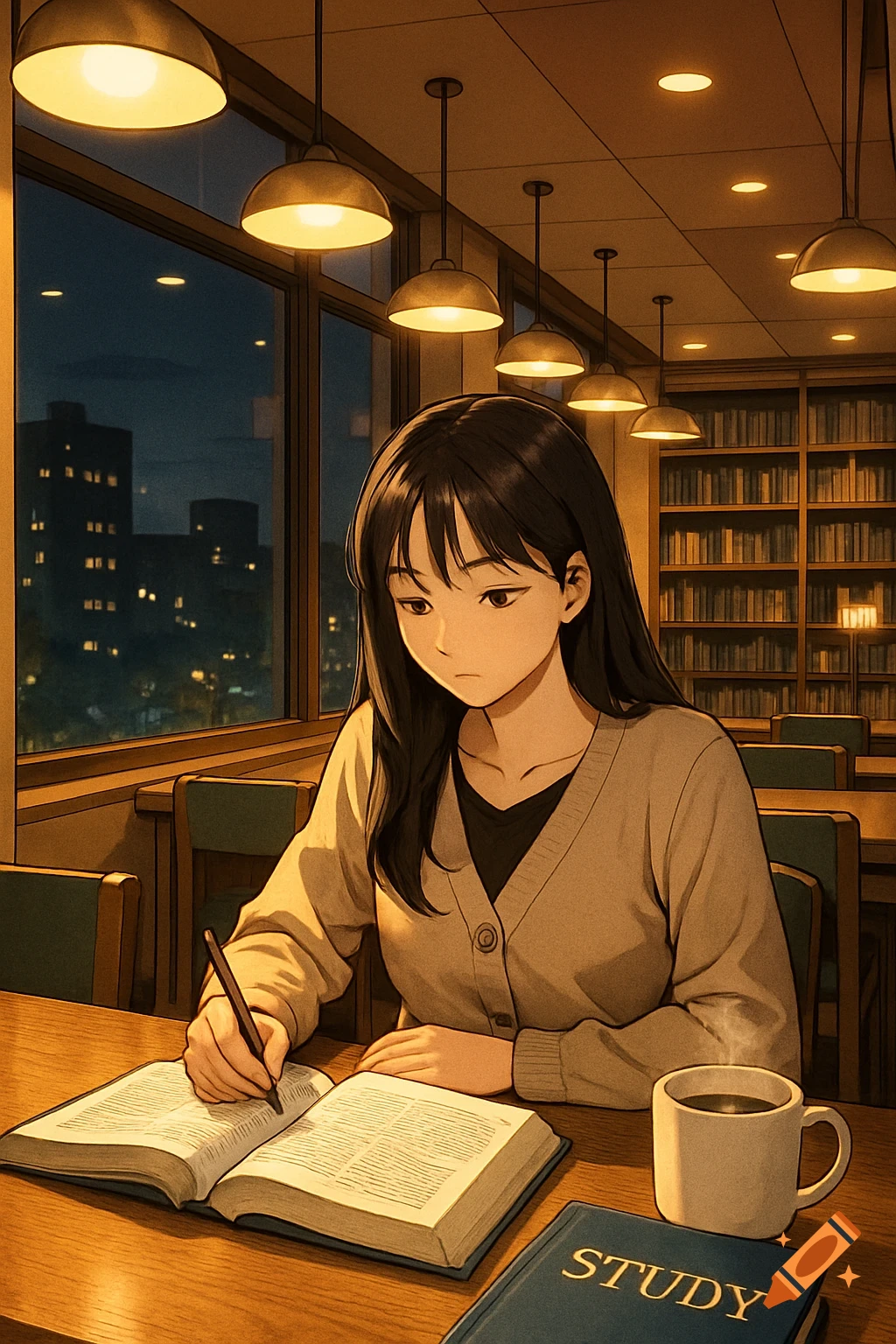 Anime-style illustration of a young woman studying in a library at night, writing in an open book next to a coffee.