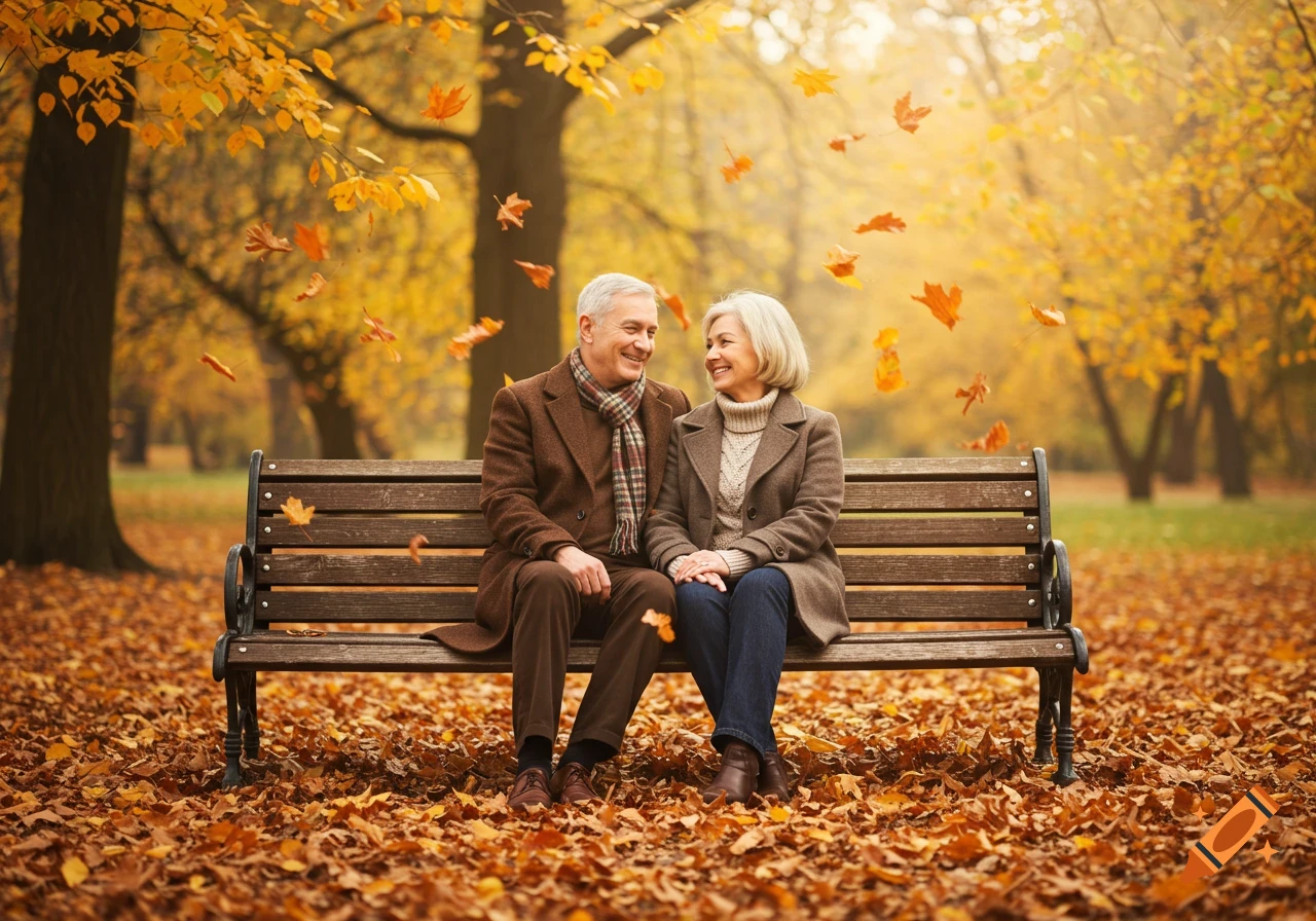An elderly couple sits on a park bench surrounded by golden autumn leaves and trees, smiling at each other.