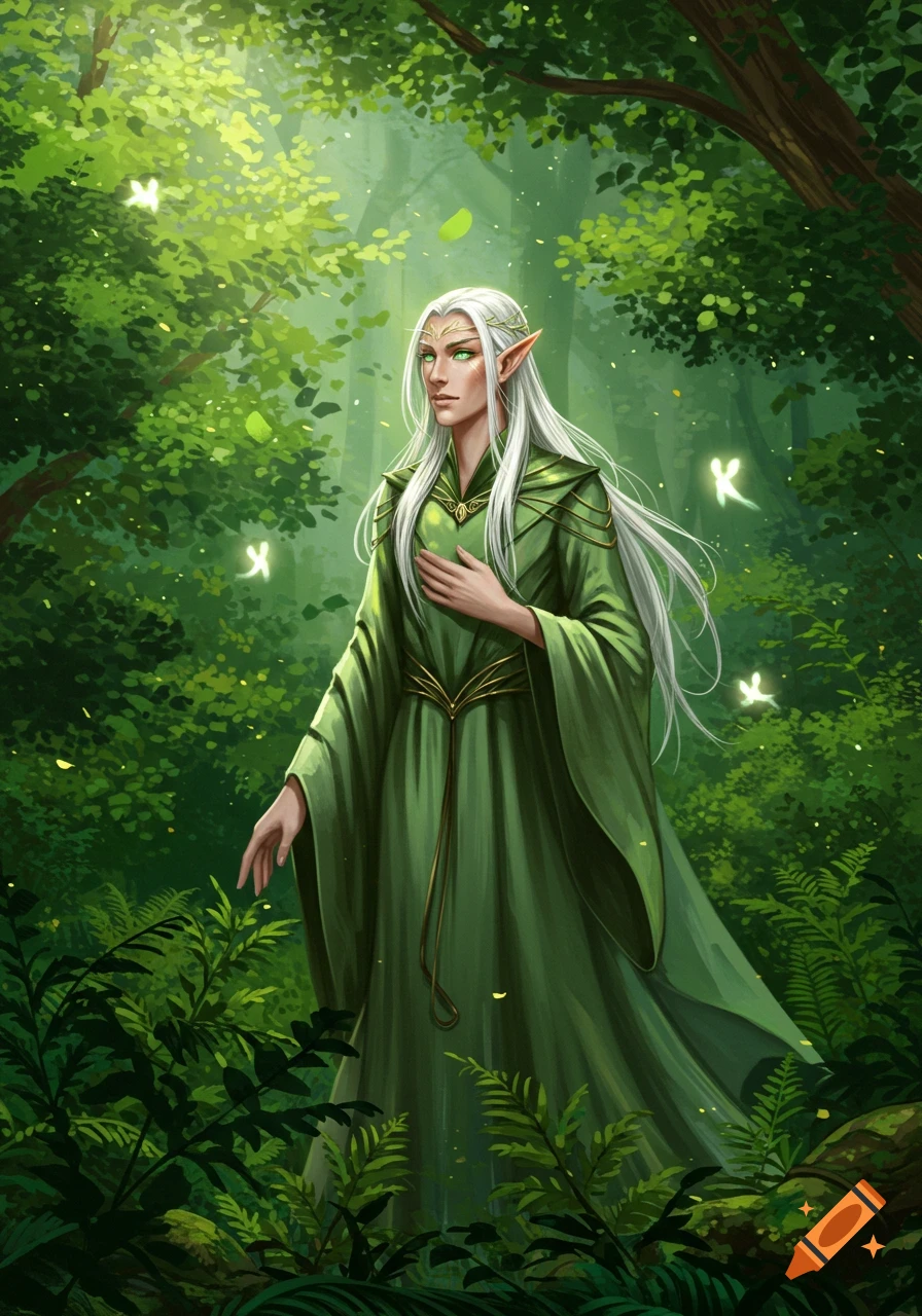 An elf with long white hair and green eyes, wearing a green robe ...