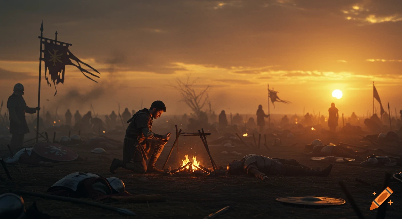 A medic kneels by a campfire on a hazy ancient battlefield at dusk, surrounded by fallen soldiers and torn banners.