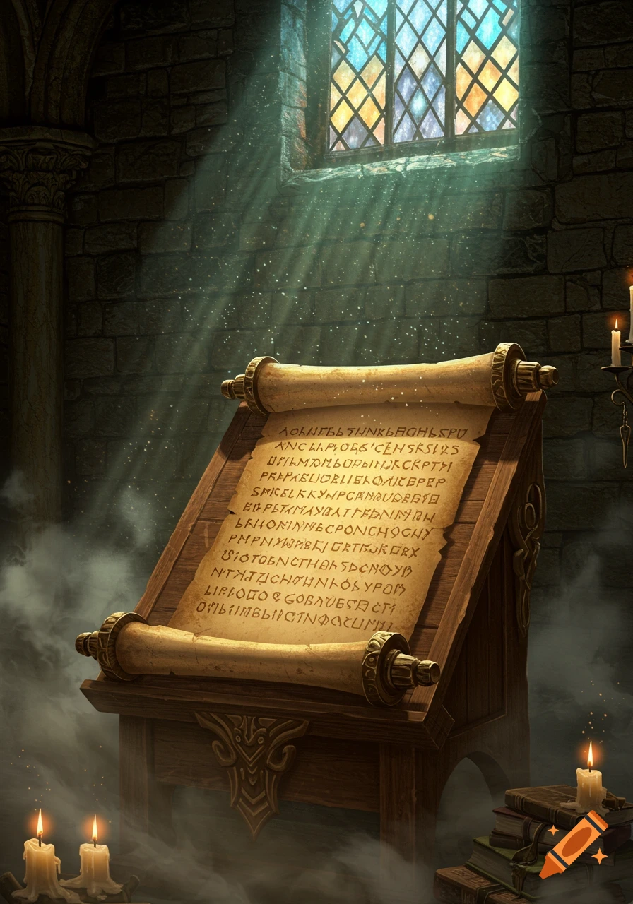 An ancient scroll on a wooden lectern in a dark, stony room, illuminated by sunbeams through a stained glass window, with flickering candles.