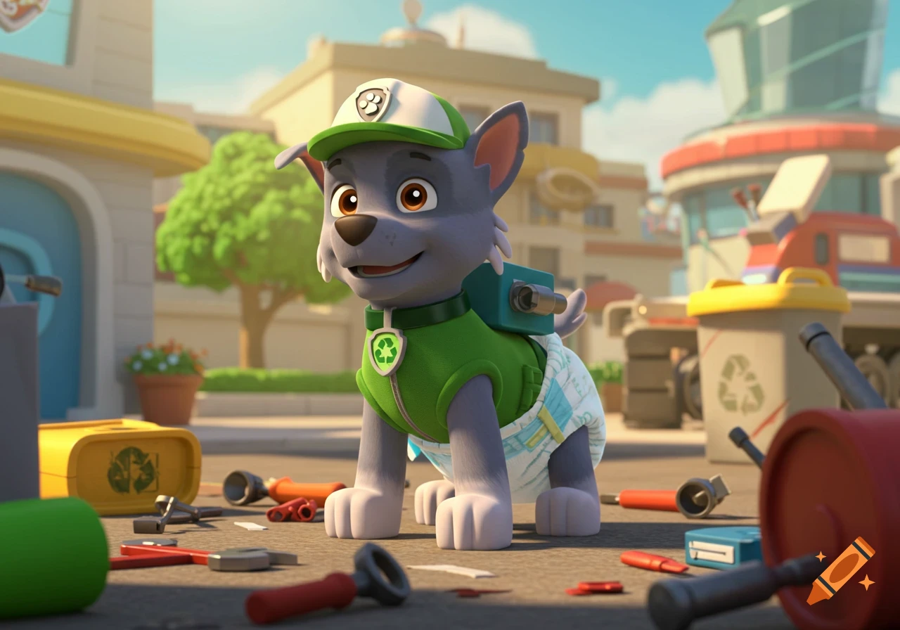 Rocky from Paw Patrol, a grey dog wearing a green vest and a diaper, stands in a city setting with tools scattered around, in a 3D animated style.