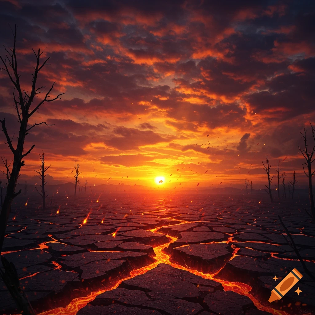 A desolate landscape with cracked, glowing lava fissures, dead trees, and a fiery orange sunset under a dark, smoke-filled sky.