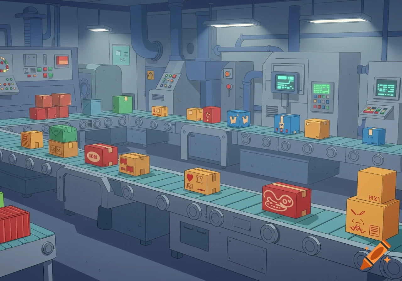 A cartoon illustration of a busy factory assembly line with multiple conveyor belts carrying colorful boxes through various machines.
