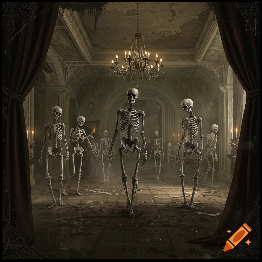 Skeletons gather in a dimly lit, dilapidated gothic mansion room with a chandelier and red curtains.